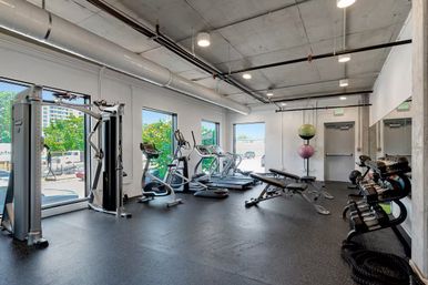 Sunlit modern fitness center in an urban building with large windows, treadmills and ellipticals, a cable machine, adjustable bench, free weights and stability balls on a black rubber floor.