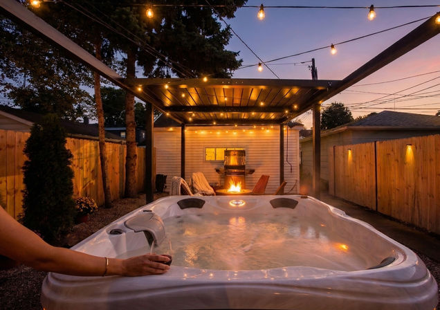 Cozy suburban backyard hot tub at dusk under a pergola with twinkling string lights, steaming water, a fire pit and Adirondack chairs, and a hand holding a glass of red wine.