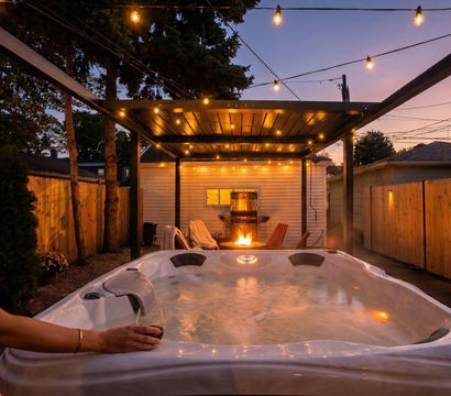 Cozy suburban backyard hot tub at dusk under a pergola with twinkling string lights, steaming water, a fire pit and Adirondack chairs, and a hand holding a glass of red wine.