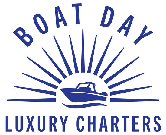 Navy-blue nautical logo featuring a motorboat silhouette on stylized waves in front of a radiating sunburst, with arched bold lettering above and a large uppercase tagline below — clean, modern design evoking luxury boat charters.