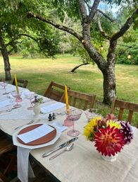 Outdoor garden dining table in a grassy backyard under leafy trees, rustic wooden chairs, linen tablecloth, pink stemmed glasses, yellow taper candles, menus on terracotta plates, fresh dahlia bouquet and string lights overhead