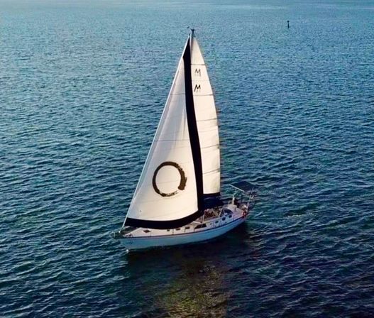 Aerial view of a single-masted white sailboat gliding across calm blue sea with a large circular emblem on its mainsail and sunlit ripples on the water