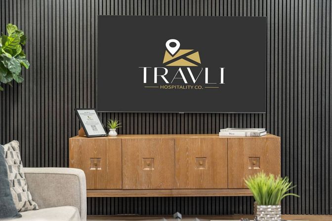 Sleek living room entertainment wall with large wall-mounted TV showing a travel-style logo, wooden mid-century console, potted plants and textured black vertical-slat backdrop