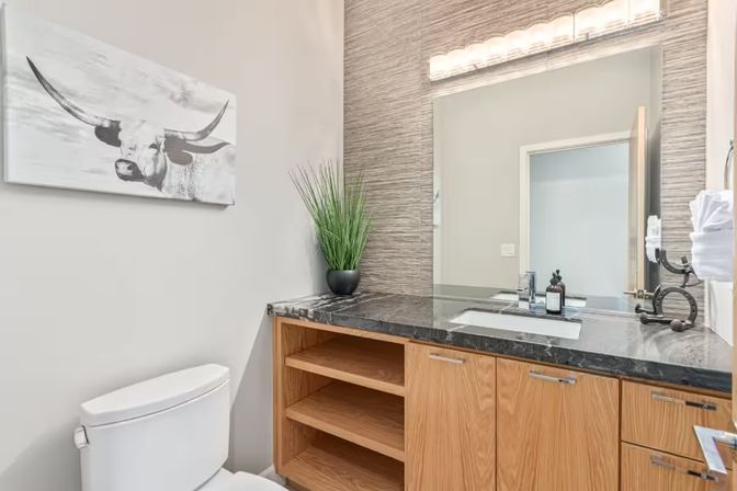 Stylish modern residential bathroom with wood vanity and open shelving, black marble countertop, undermount sink, large mirror with vanity lights, white toilet, potted tall grass and monochrome longhorn wall art.