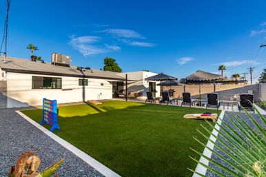 Sunny suburban backyard with green artificial turf, lounge chairs and umbrellas on a patio, palm trees and outdoor games (Connect Four, cornhole)