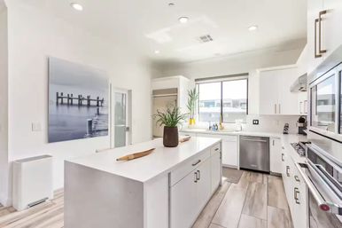 Bright modern white kitchen with large island and quartz countertop, stainless steel appliances, potted plant centerpiece and light wood-look tile floor