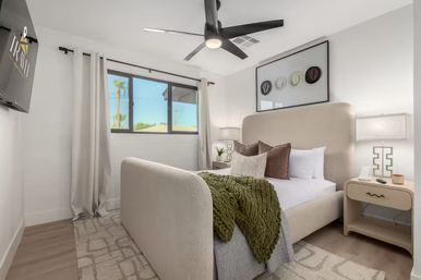 Sunlit modern coastal-style bedroom with upholstered bed, chunky green knit throw, neutral pillows, bedside tables and lamps, ceiling fan, and a window view of palm trees.