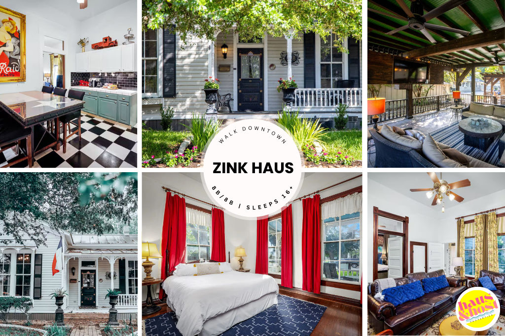 Collage of a historic downtown vacation rental: Victorian-style white facade with front porch and urn planters, checkerboard kitchen with teal cabinets, covered outdoor lounge with ceiling fans, bright bedroom with red curtains and queen bed, and leather-sofa living room.