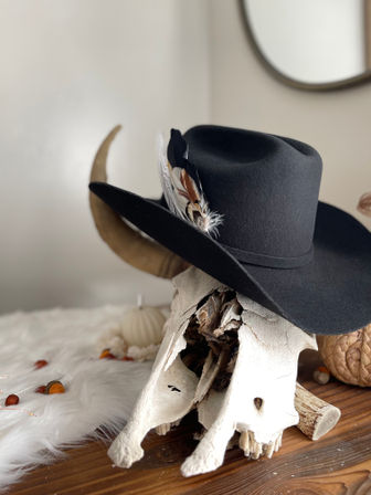 Black felt cowboy hat with decorative feathers perched on a bleached cow skull with horns on a wooden table, rustic western farmhouse decor