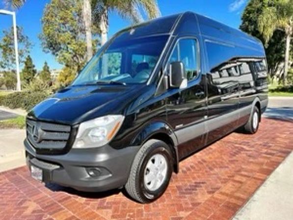 Sleek black Mercedes-Benz Sprinter high-roof passenger van parked on a brick driveway beside palm trees on a sunny suburban day.