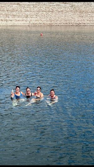 Four friends floating together in a blue lake near a rocky shoreline, smiling and holding drinks on a sunny day.