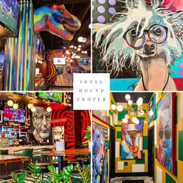 Vibrant urban restaurant interior collage featuring colorful murals and contemporary art: rainbow T‑rex ceiling sculpture, quirky dog portrait with glasses, large painted faces over a lively bar with TVs, globe pendant lights, green seating and a geometric hallway gallery.