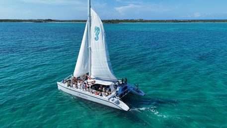 White catamaran sailboat with tall sails and passengers lounging on deck, cruising over clear turquoise tropical waters near a low green island under a blue sky.