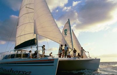 Catamaran sailboat with large white sails and a group of people enjoying a golden-hour sunset cruise on the open ocean with blue sky and gentle waves.