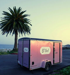 Pink cargo trailer parked in a beachside parking lot beside a tall palm tree with the ocean and pastel sunset sky in the background.
