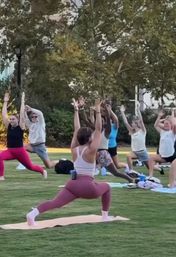Outdoor group yoga class in a park, people on mats practicing crescent lunges with arms raised on a grassy lawn under trees, casual fitness gear and water bottles visible.