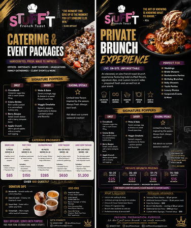 Double-sided dark-themed brunch catering flyer featuring stuffed French toast poppers and plated French toast, menu sections for catering and private brunch packages, signature sweet and savory flavors, pricing tiers, and add-ons for events and parties.