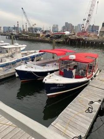 Two navy-and-white boats with bright red canopies moored at a wooden marina dock, calm harbor water reflecting the hulls, with cranes and a city skyline under an overcast sky.
