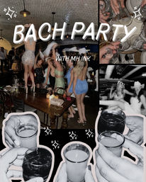 Collage-style bachelorette party scene in an indoor bar: overlay text “BACH PARTY,” women in sparkly dresses dancing on tables, blurred dance shots and close-ups of hands clinking shot glasses — lively nightlife celebration.