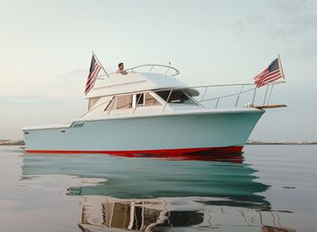 Light-blue motor yacht with a red waterline and American flags on bow and stern floating in a calm coastal harbor at dusk, crisp water reflection