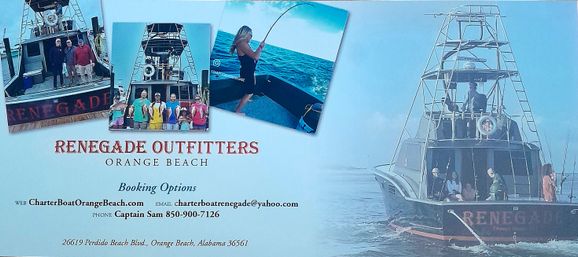 Collage of a sportfishing charter: anglers posing on a boat and a woman hauling in a catch on bright blue Gulf waters off Orange Beach, Alabama.