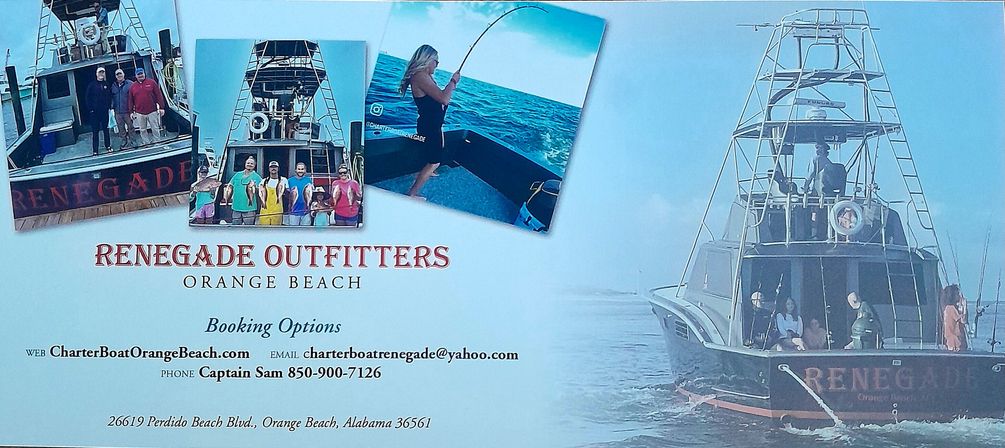 Collage of a sportfishing charter: anglers posing on a boat and a woman hauling in a catch on bright blue Gulf waters off Orange Beach, Alabama.