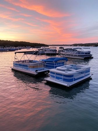 Pontoon boats anchored in a peaceful lake marina at sunset, pink-orange clouds reflecting across calm water with a silhouetted shoreline in the distance.
