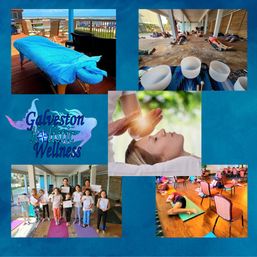 Sunny beachfront wellness collage: massage table on an ocean-facing deck, group yoga with crystal sound bowls, kids yoga class, Reiki energy healing, and restorative chair yoga in Galveston, TX.