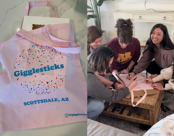 Two-panel photo: left shows a pink canvas tote with colorful sprinkle print and a pastry box, right shows a group of friends in a living room gathered around a wooden coffee table, smiling and signing the same pink tote with markers.