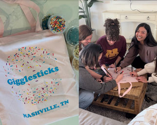 Light pink tote bag decorated with colorful sprinkle pattern and 'Nashville, TN' text next to small containers of sprinkles; a group of smiling young adults signing a matching tote on a wooden coffee table in a cozy living room.
