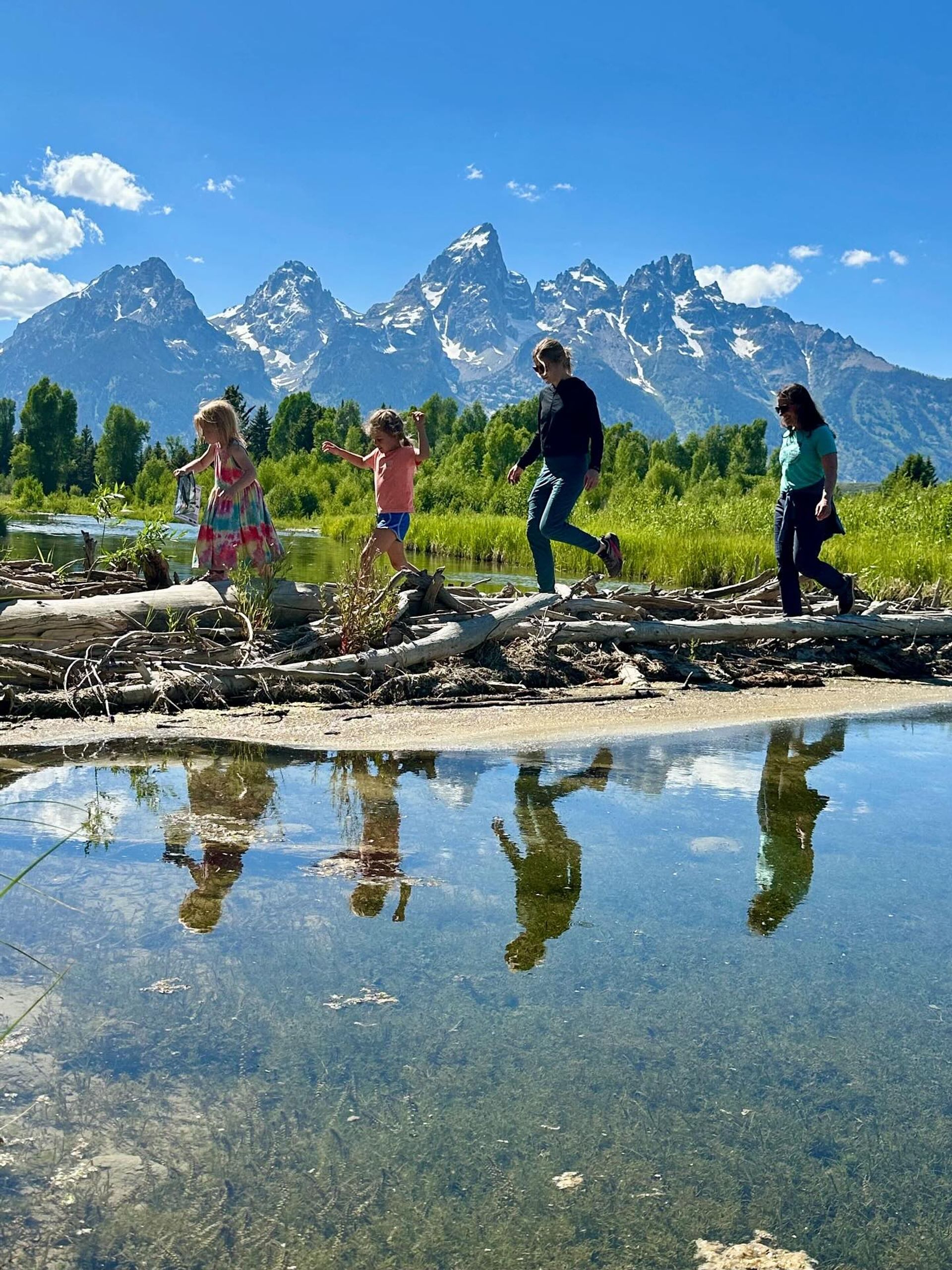 Group of four people balancing on driftwood along a calm river, their reflections in the water, grassy wetlands and snow-capped Grand Teton Range in Grand Teton National Park, Wyoming under a bright blue sky.
