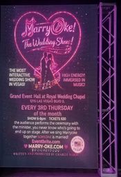 Neon-pink poster for a Las Vegas interactive wedding karaoke show, featuring a glowing heart with a silhouetted bride and groom, musical notes and sparkles, monthly event details (every 3rd Thursday), show time 6–8pm and tickets $30, with a purple stage truss visible at right.