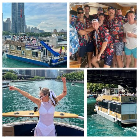 Collage of a lively Chicago River boat party: tiki-style double-decker riverboat with blue slide by the downtown Chicago skyline, a group of friends in Hawaiian shirts posing inside, a woman in white cheering on the bow, and the boat passing under a bridge on the Chicago River.