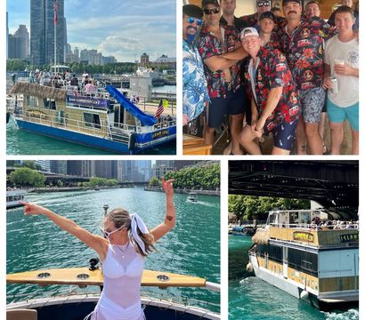 Collage of a lively Chicago River boat party: tiki-style double-decker riverboat with blue slide by the downtown Chicago skyline, a group of friends in Hawaiian shirts posing inside, a woman in white cheering on the bow, and the boat passing under a bridge on the Chicago River.