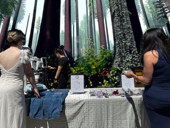 Three women at a DIY craft station adding patches to a denim jacket in front of a giant redwood forest mural