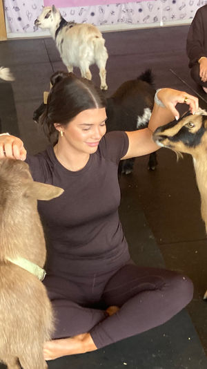 Woman seated cross-legged in an indoor goat yoga class, smiling as playful small brown and black goats nuzzle her on yoga mats.