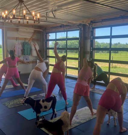 Goat yoga class in a sunlit rural barn — women in pink and white activewear on mats with small goats wandering near open glass garage doors and green pasture views