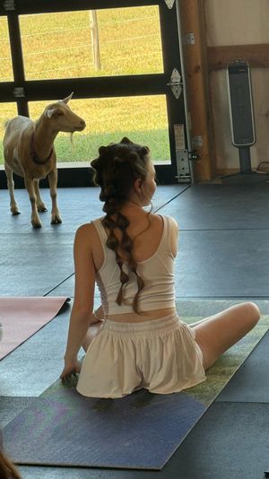 Person seated on a yoga mat in a rustic barn studio during goat yoga — a curious goat stands by an open garage door overlooking a sunny grassy pasture.