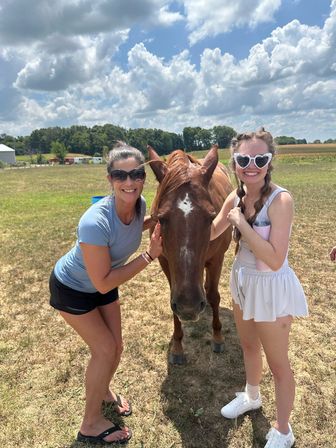 Two smiling women wearing sunglasses pet a chestnut horse with a white star in a sunny rural pasture under blue sky and puffy clouds, summer farm outing.