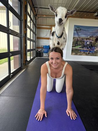 Smiling woman in tabletop yoga pose on a purple mat with a small goat standing on her back inside a bright barn-style indoor goat-yoga studio with large glass garage doors