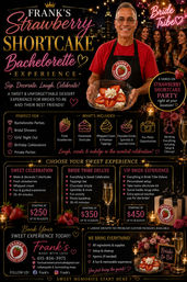 Smiling host in an apron holding a plated strawberry shortcake with sliced berries, surrounded by a laughing bachelorette group, champagne flutes, neon 'Bride Tribe' sign and city skyline — festive hands-on strawberry shortcake party promotion.