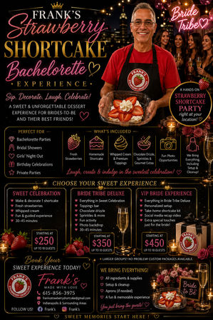 Smiling host in an apron holding a plated strawberry shortcake with sliced berries, surrounded by a laughing bachelorette group, champagne flutes, neon 'Bride Tribe' sign and city skyline — festive hands-on strawberry shortcake party promotion.