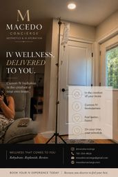 IV hydration bag on a pole in a cozy living room beside a sofa and front door, showing an in-home mobile IV wellness treatment and relaxing home infusion setup.