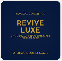 Sleek navy-and-gold wellness label featuring bold "REVIVE LUXE", smaller text listing benefits—anti-nausea, anti-inflammatory, acid relief, B12 boost—and the tagline "Upgrade Mode Engaged".
