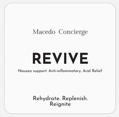 Minimalist white wellness label with bold REVIVE title, small text reading 'Nausea support. Anti-inflammatory. Acid Relief.' and tagline 'Rehydrate. Replenish. Reignite.'