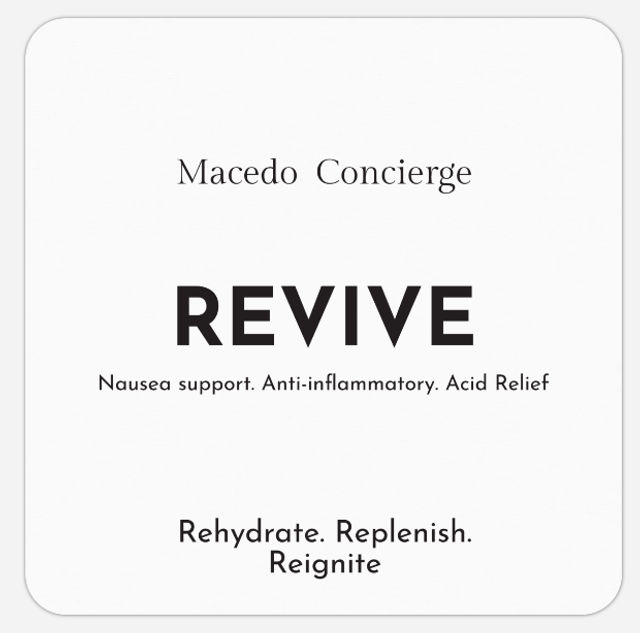 Minimalist white wellness label with bold REVIVE title, small text reading 'Nausea support. Anti-inflammatory. Acid Relief.' and tagline 'Rehydrate. Replenish. Reignite.'