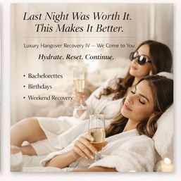 Two women in spa robes lounging with champagne, promoting luxury mobile hangover recovery IV service—hydrate, reset, continue; ideal for bachelorettes, birthdays, weekend recovery