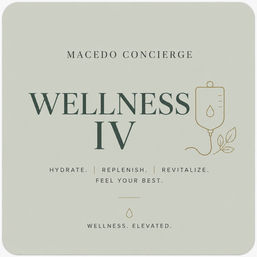 Minimal pale-green promotional card for concierge wellness IV hydration therapy with bold “WELLNESS IV” text, gold IV drip and leaf icon, taglines “Hydrate. Replenish. Revitalize. Feel your best.” and a small droplet symbol.