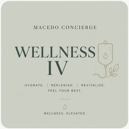 Minimal pale-green promotional card for concierge wellness IV hydration therapy with bold “WELLNESS IV” text, gold IV drip and leaf icon, taglines “Hydrate. Replenish. Revitalize. Feel your best.” and a small droplet symbol.