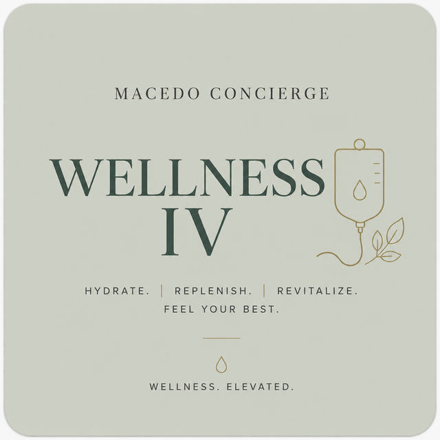 Minimal pale-green promotional card for concierge wellness IV hydration therapy with bold “WELLNESS IV” text, gold IV drip and leaf icon, taglines “Hydrate. Replenish. Revitalize. Feel your best.” and a small droplet symbol.